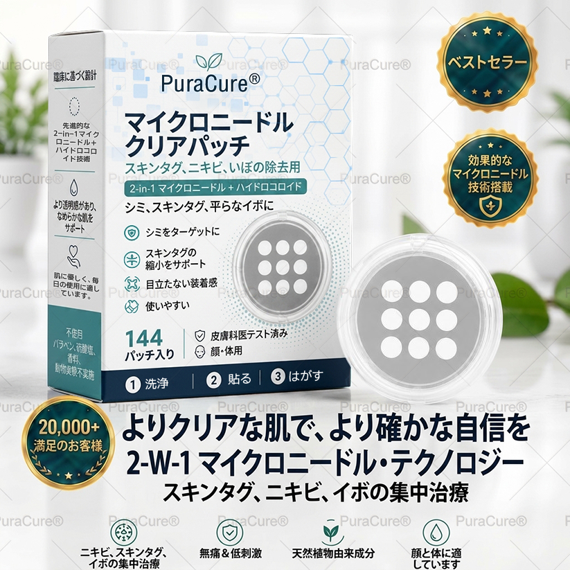 💫PuraCure® 2-in-1 マイクロニードル＆ハイドロコロイドパッチ🍀| 盛り上がったホクロ・ニキビ・扁平イボ・スキンタッグのケアに | シワ・ニキビ跡・肌の色ムラをケア | 目立たない透明パッチ（顔・体用）